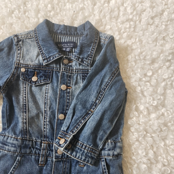 Souris Mini Denim Baby Jumpsuit 6-9M Blue Jean Overalls Romper with Dog Patch - Picture 8 of 12